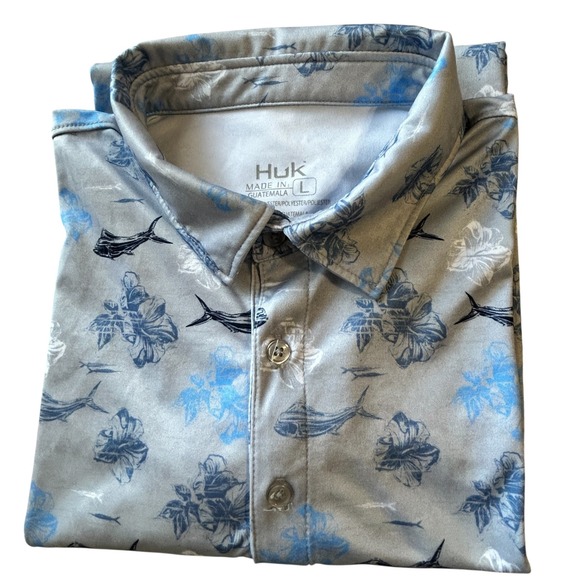 HUK Men's Large Gray Floral Marlin Fishing Performance Polo Shirt - Picture 1 of 6